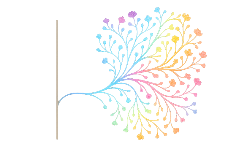 A single path branching into a vibrant, colorful tree of possibilities, representing non-linear, personalized storytelling.
