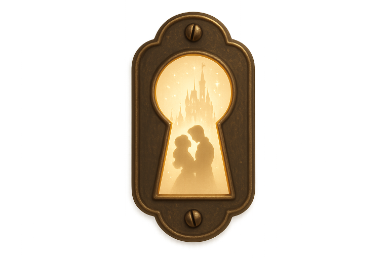 An antique keyhole revealing a magical castle and a romantic couple, symbolizing personalized literature.
